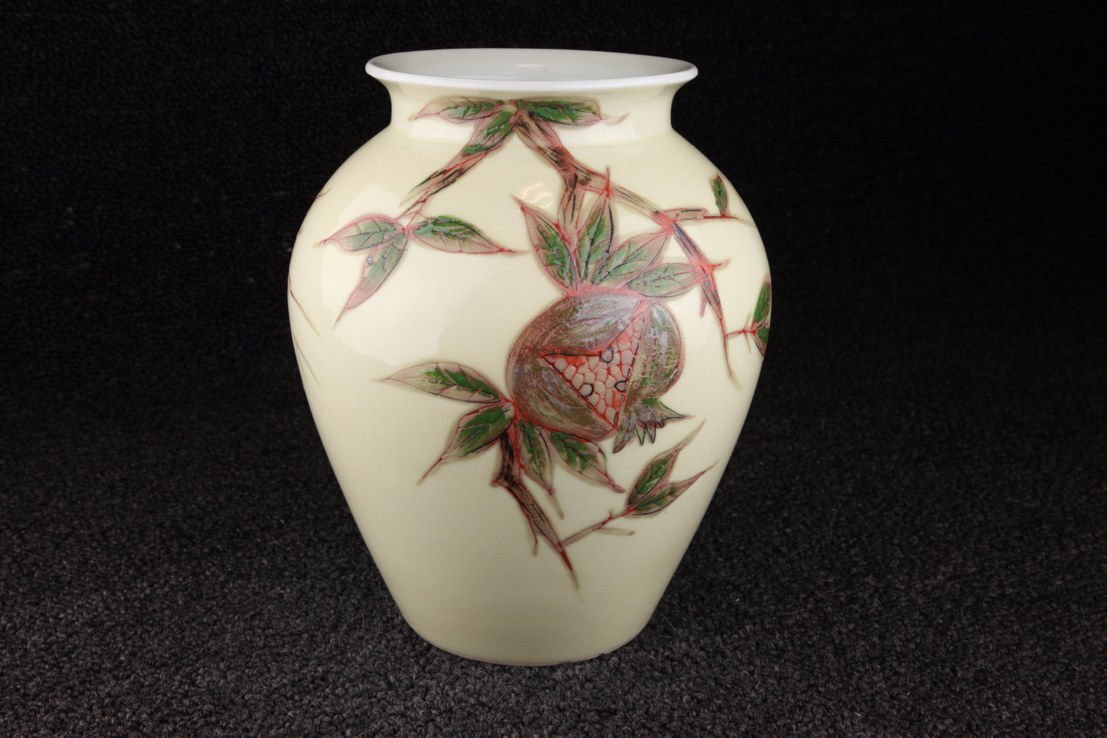 Vintage Japanese flower vase with punica granatum pattern in red, grey,  brown, and green - TLS Living