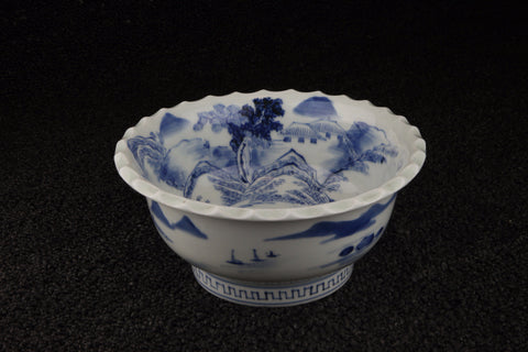 Imari vintage blue and white porcelain footed bowl in blue and white with country landscape pattern - TLS Living